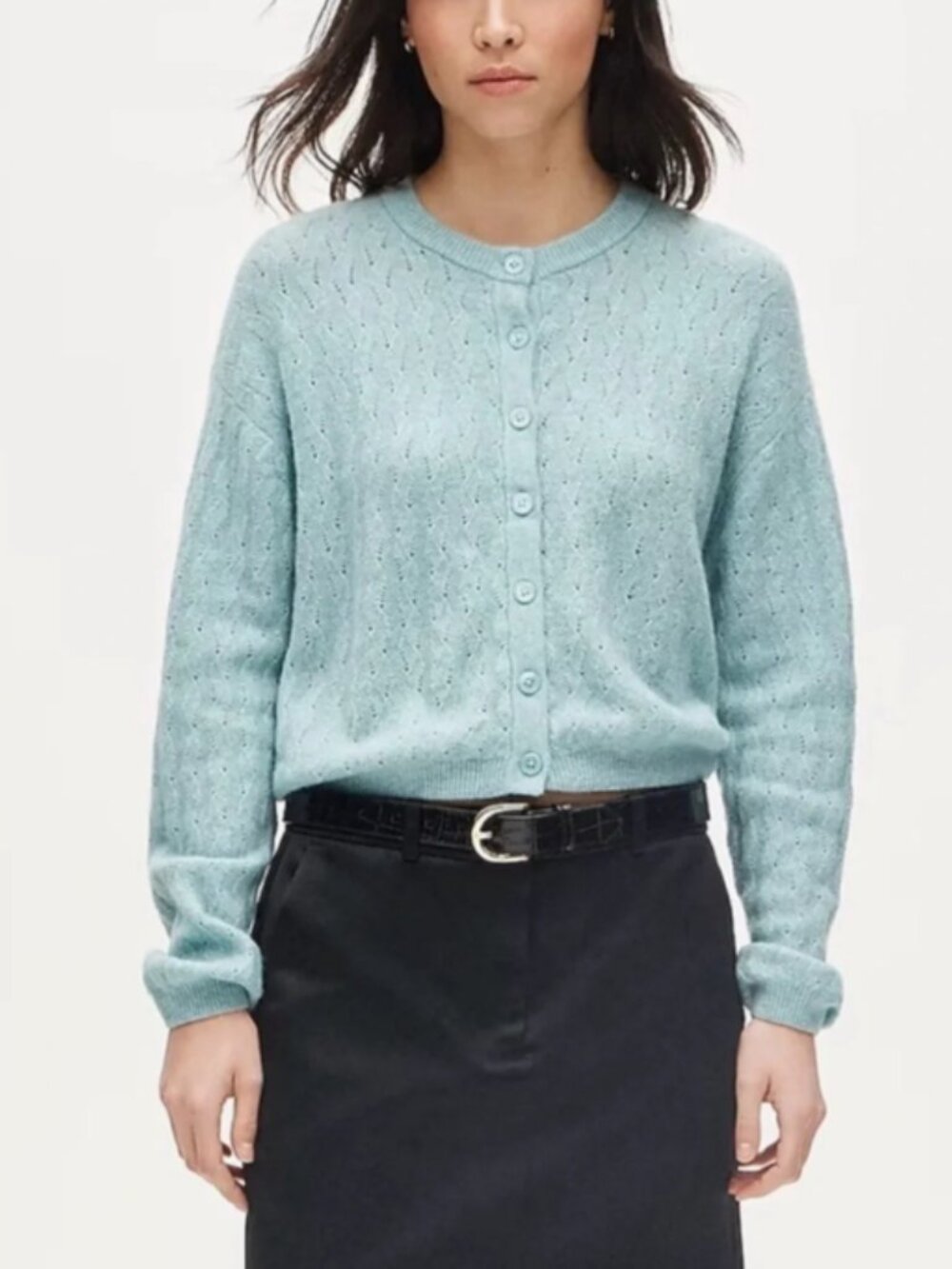 J. Crew Size S Green Supersoft Pointelle Bubble-Hem Cardigan Sweater